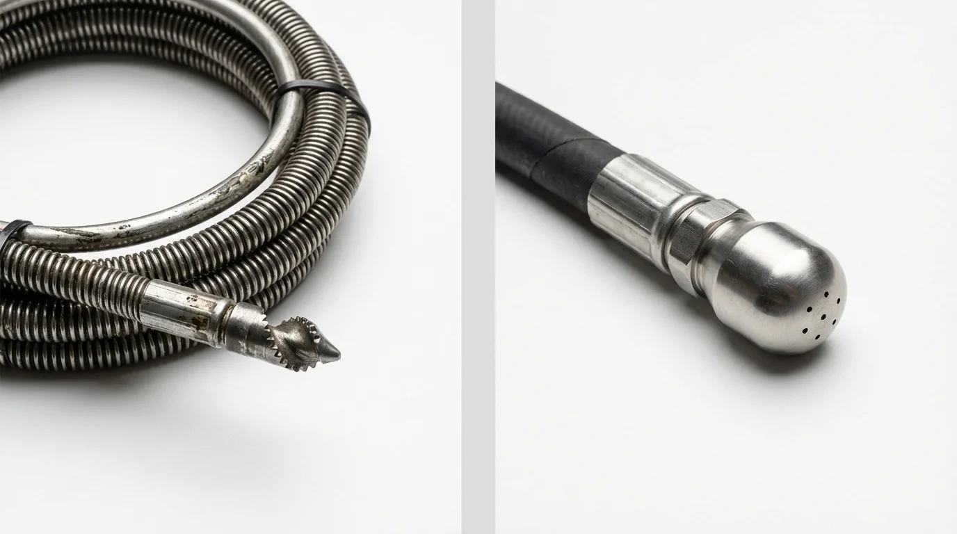 Drain snake cable and hydro jetting nozzle used for drain cleaning in Madison, MN