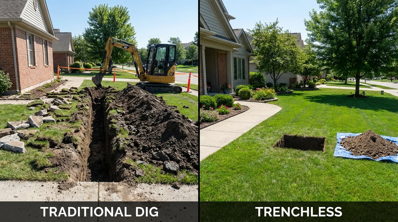 Trenchless sewer repair with minimal yard damage versus traditional excavation in Madison, MN